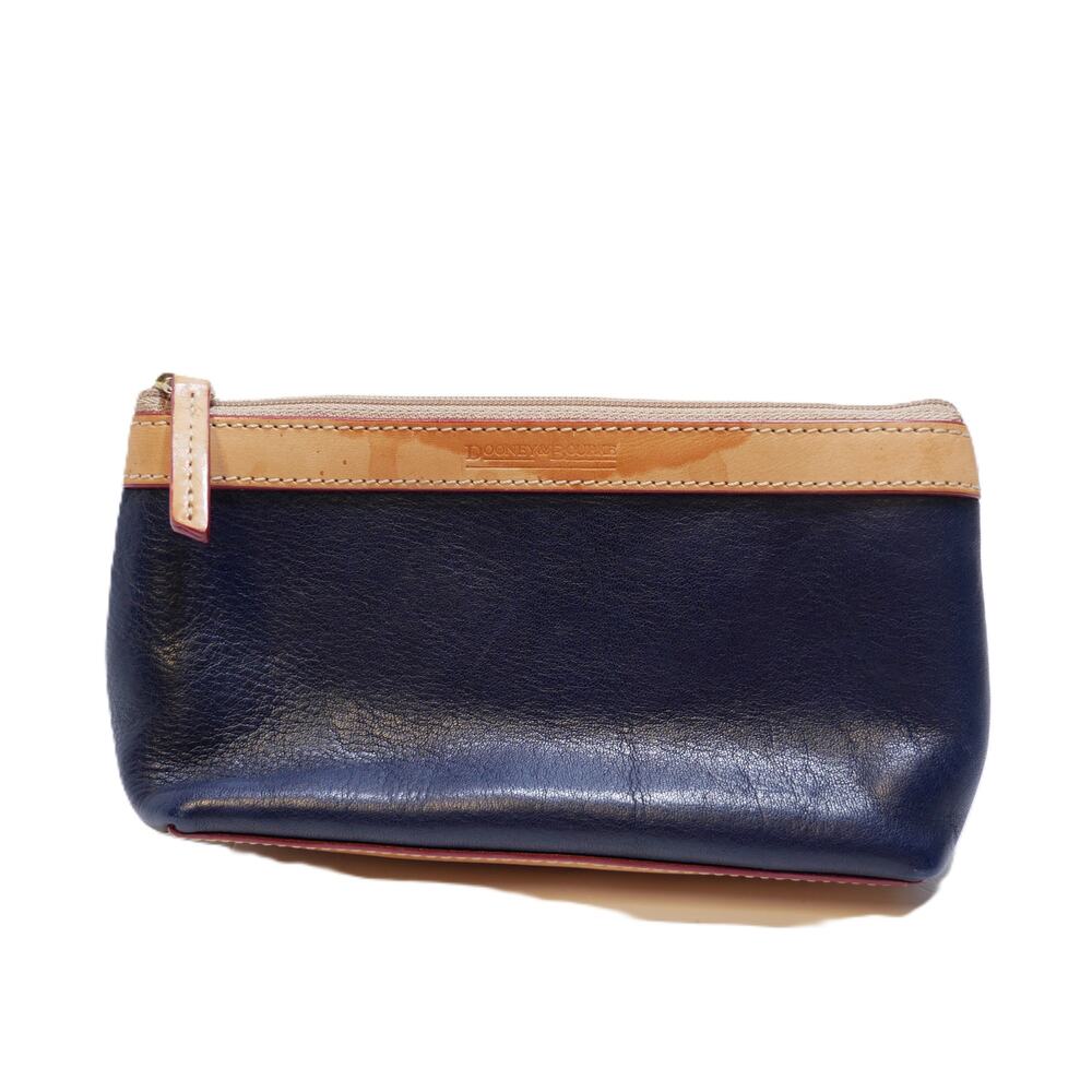 Vintage Dooney & Bourke Leather Navy Blue Zipper Cosmetic Pouch Clutch Bag